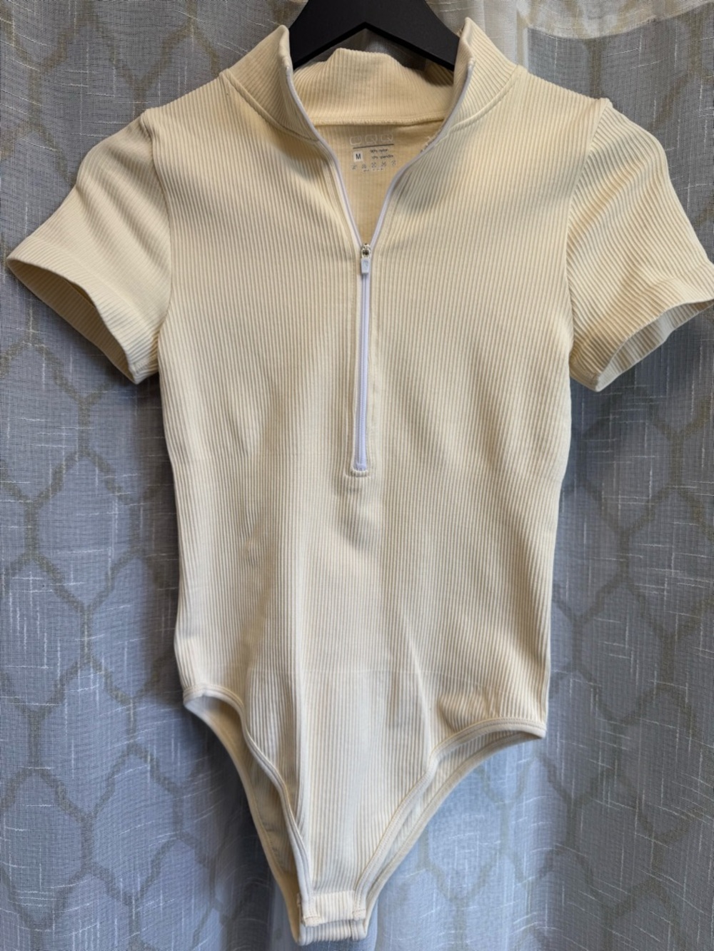Ribbed Cream Zip-Front Short Sleeve Bodysuit